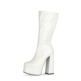 Bold Patent Leather Knee High Platform Chunky Heel Boots - White